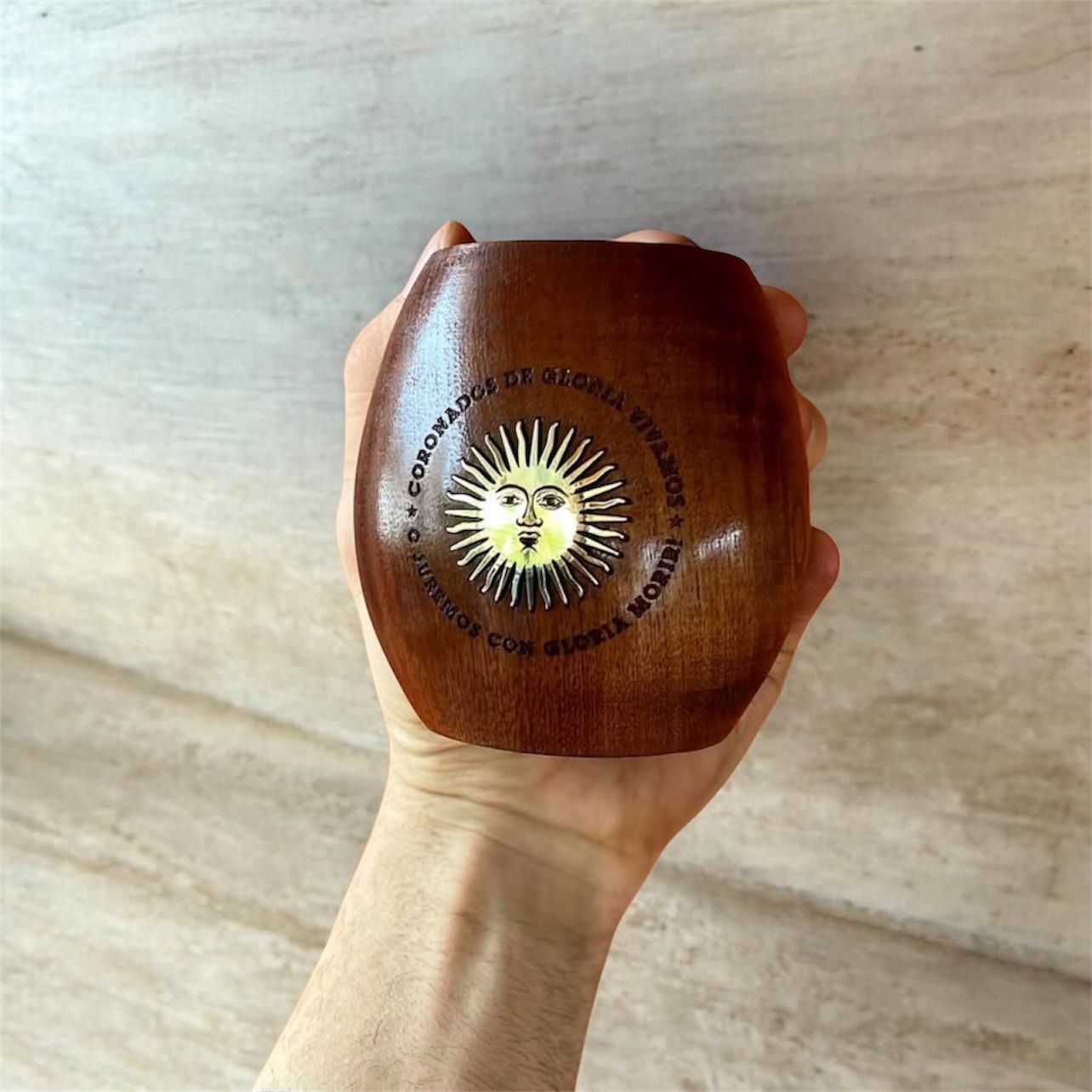 Handcrafted "Algarrobo" Carob Wood Mate Cup with Sun of May – Patriotic Argentine Edition