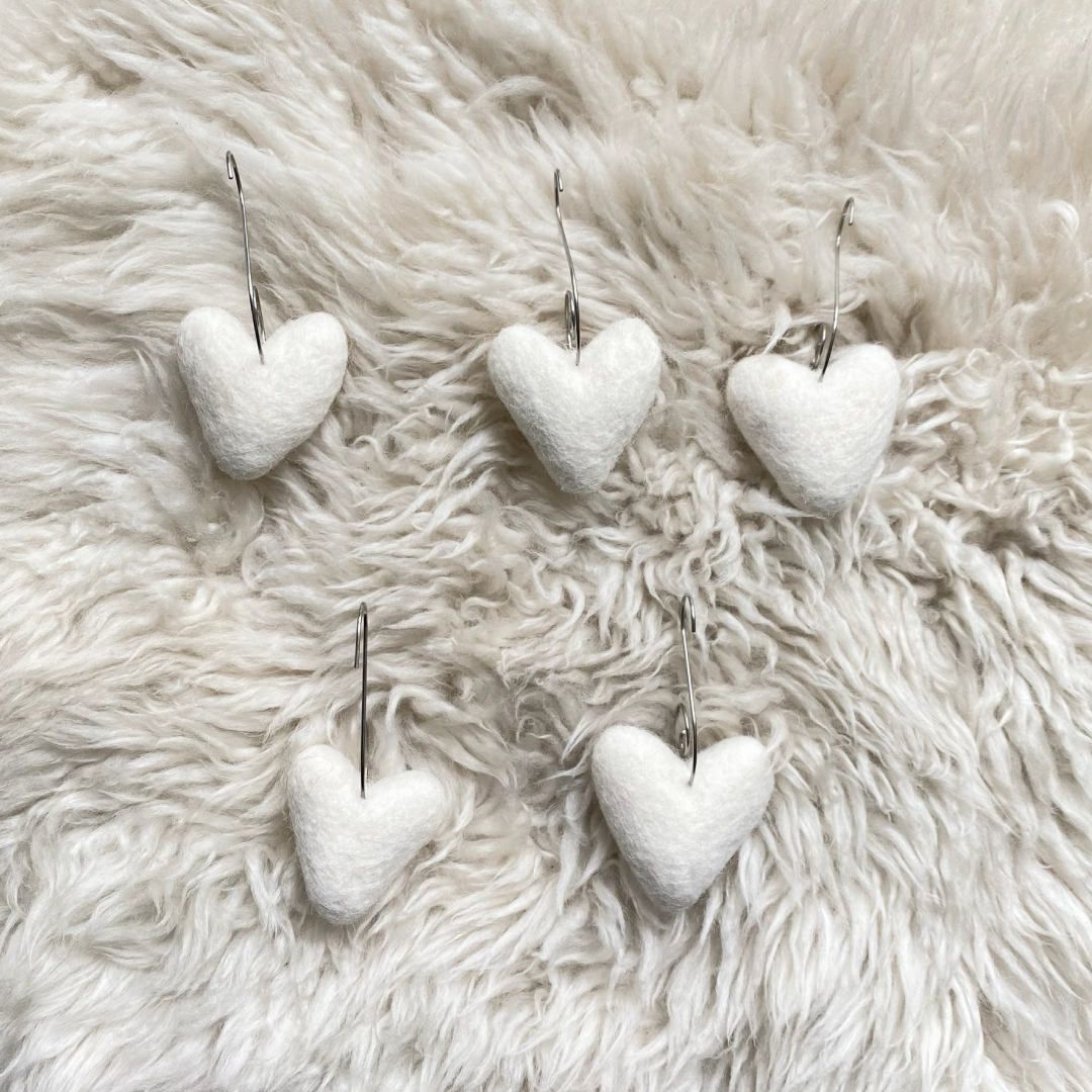 Felt Heart Ornaments (White) Set of 5, New Zealand