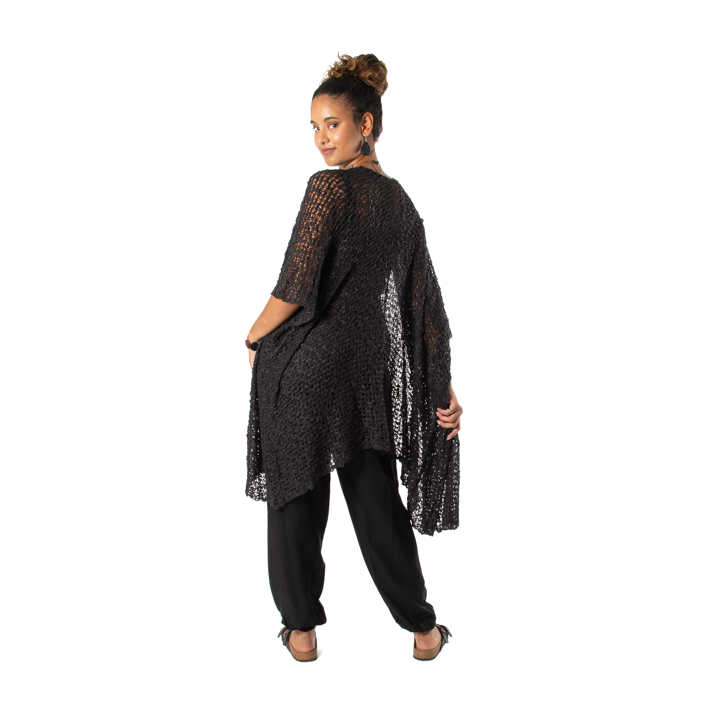 Mid Length Popcorn Knit Kimono - Black, Indonesia