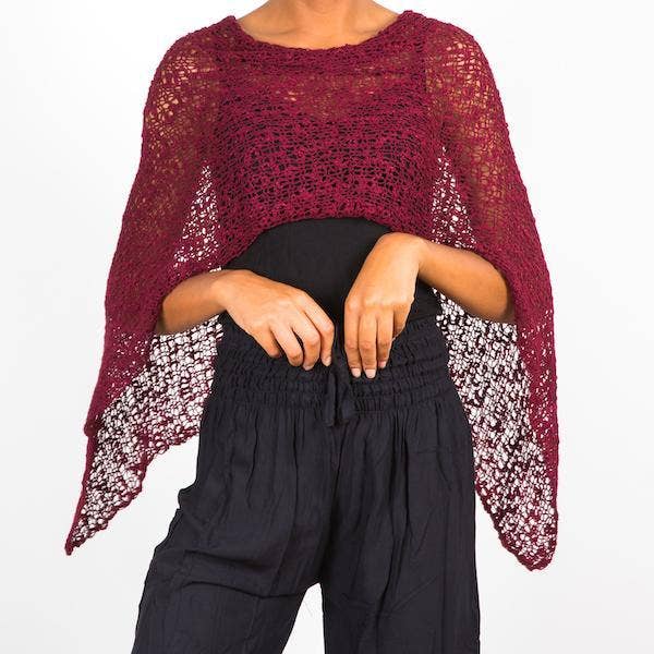 Short Popcorn Knit Poncho - Claret Red, Bali