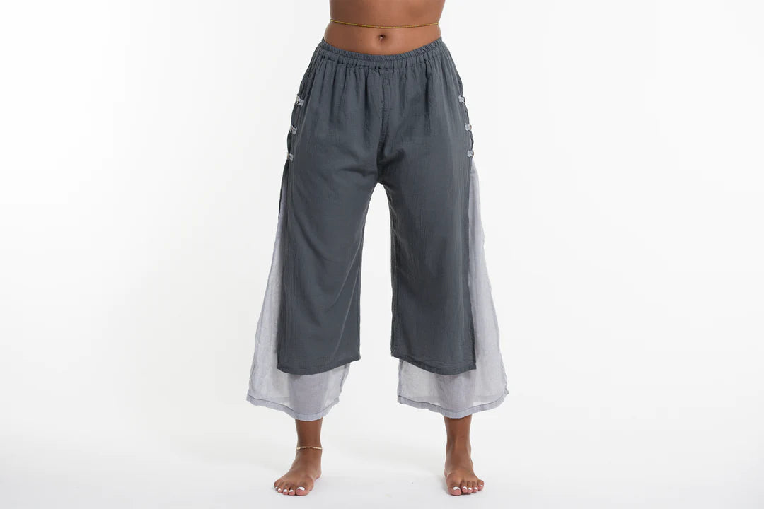 Women's Cotton Double Layers Cropped Pants in Solid Gray, Thailand