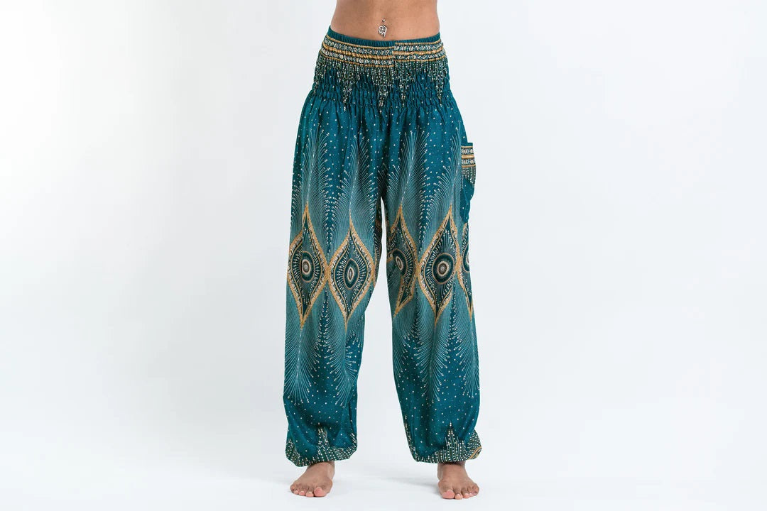 Diamond Turquoise Peacock Unisex Harem Pants, Thailand