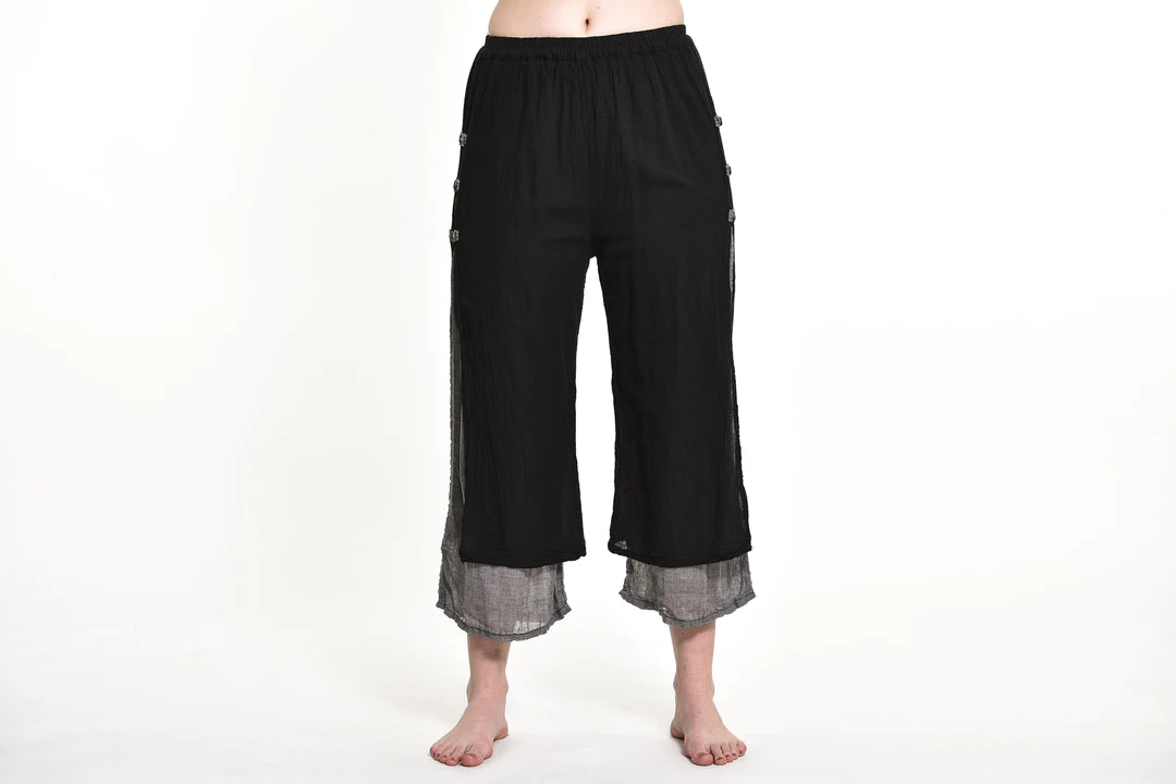 Women's Cotton Double Layers Cropped Pants in Solid Black, Thailand