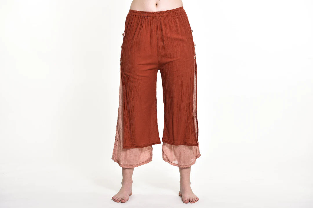 Women's Cotton Double Layers Cropped Pants in Solid Brick, Thailand