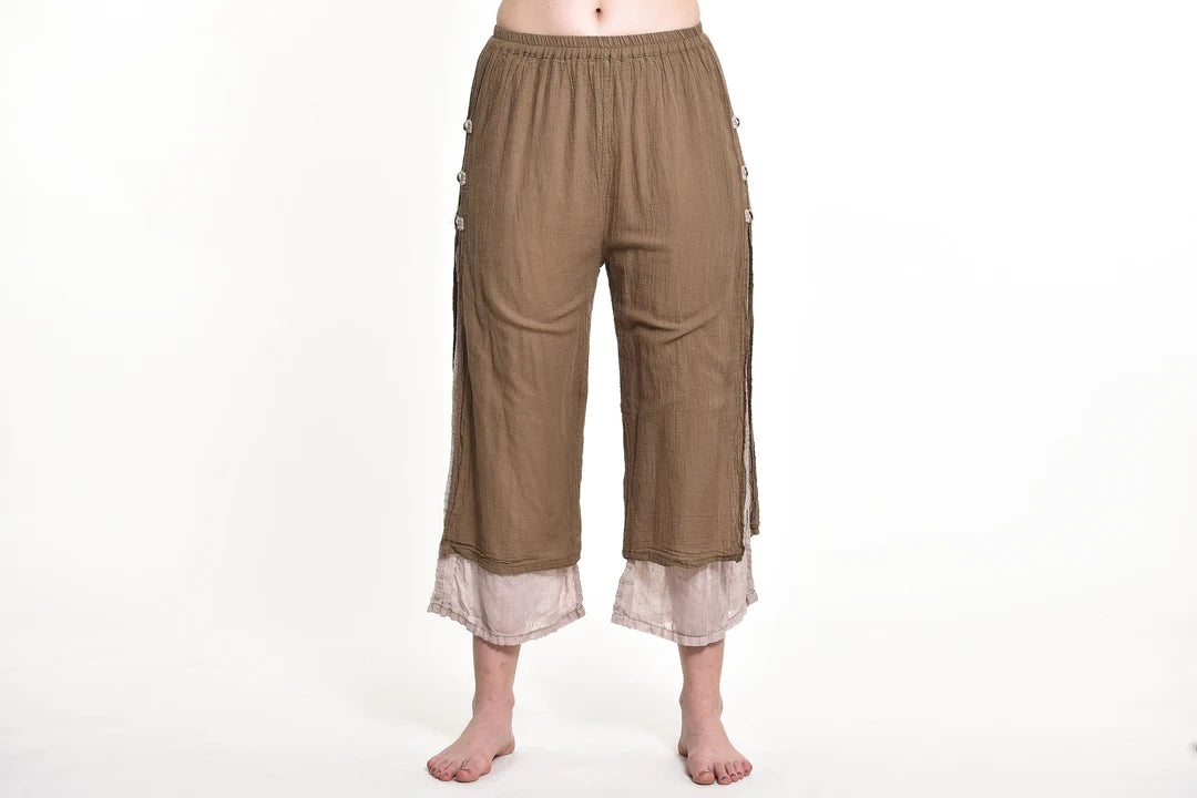 Women's Cotton Double Layers Cropped Pants in Solid Brown, Thailand