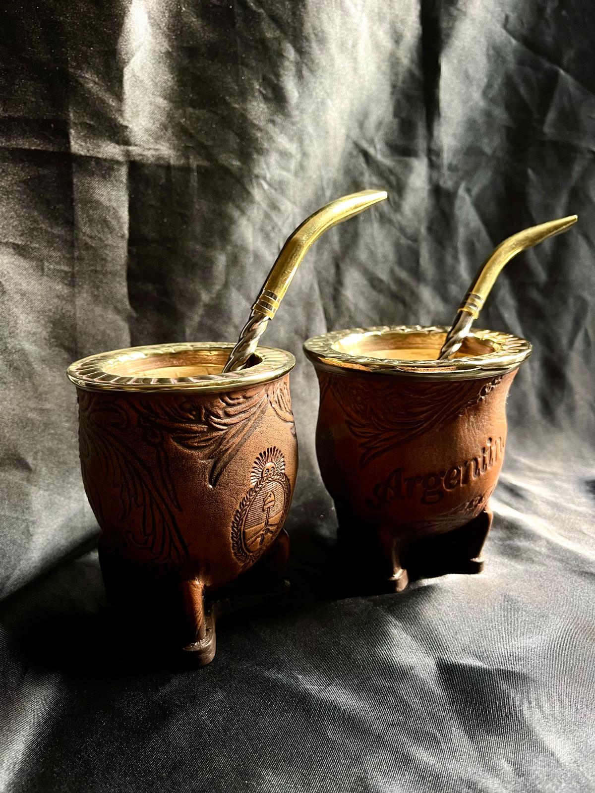 Camionero Mate Gourd - Handmade in Argentina - Genuine Leather - Hand-Chiseled Alpaca Rim -Argentine Coat of Arms - Luxury Artisan Mate