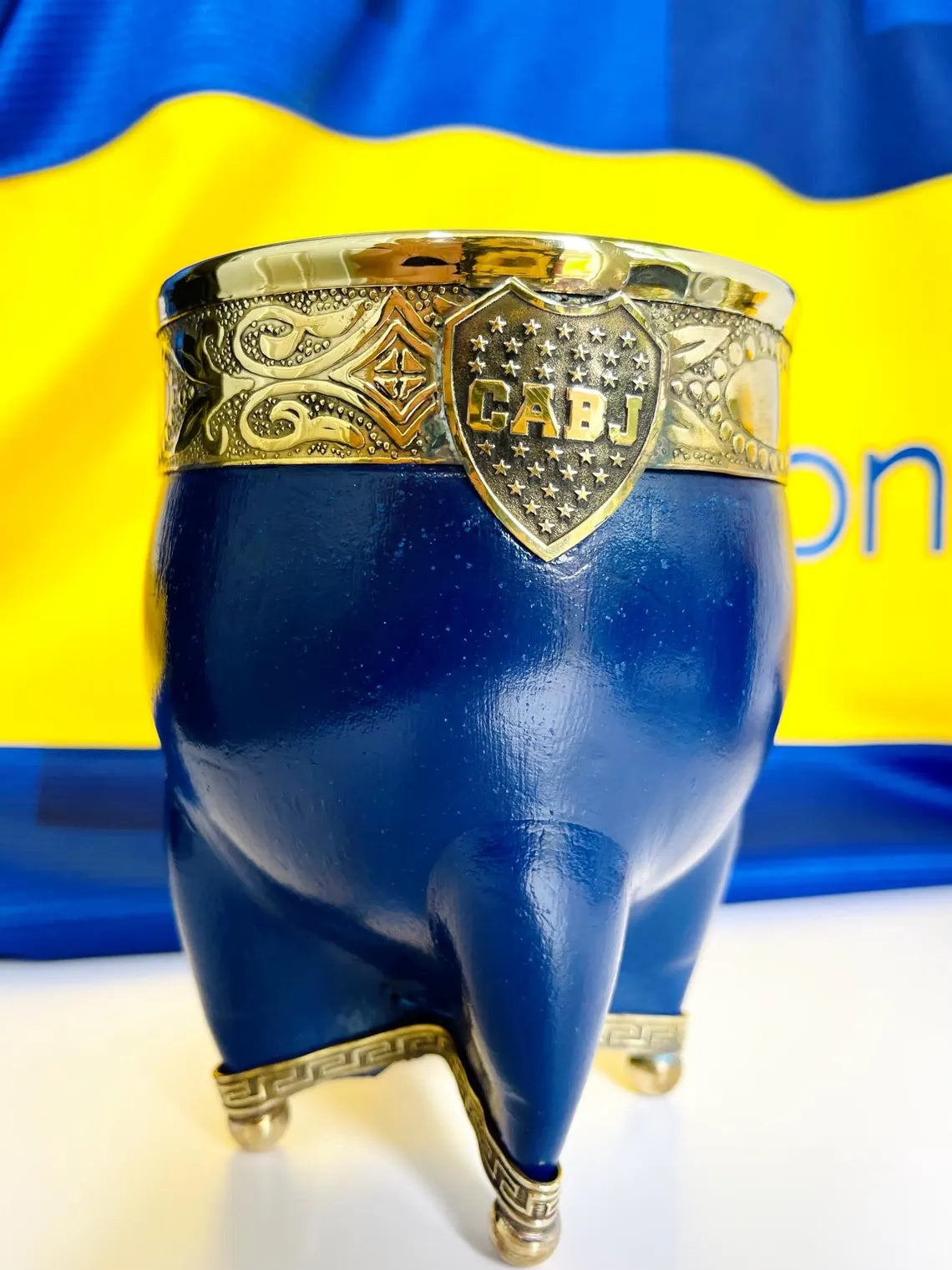 Handmade Argentine Mate Gourd: Boca Juniors Blue Leather & Bronze-Set