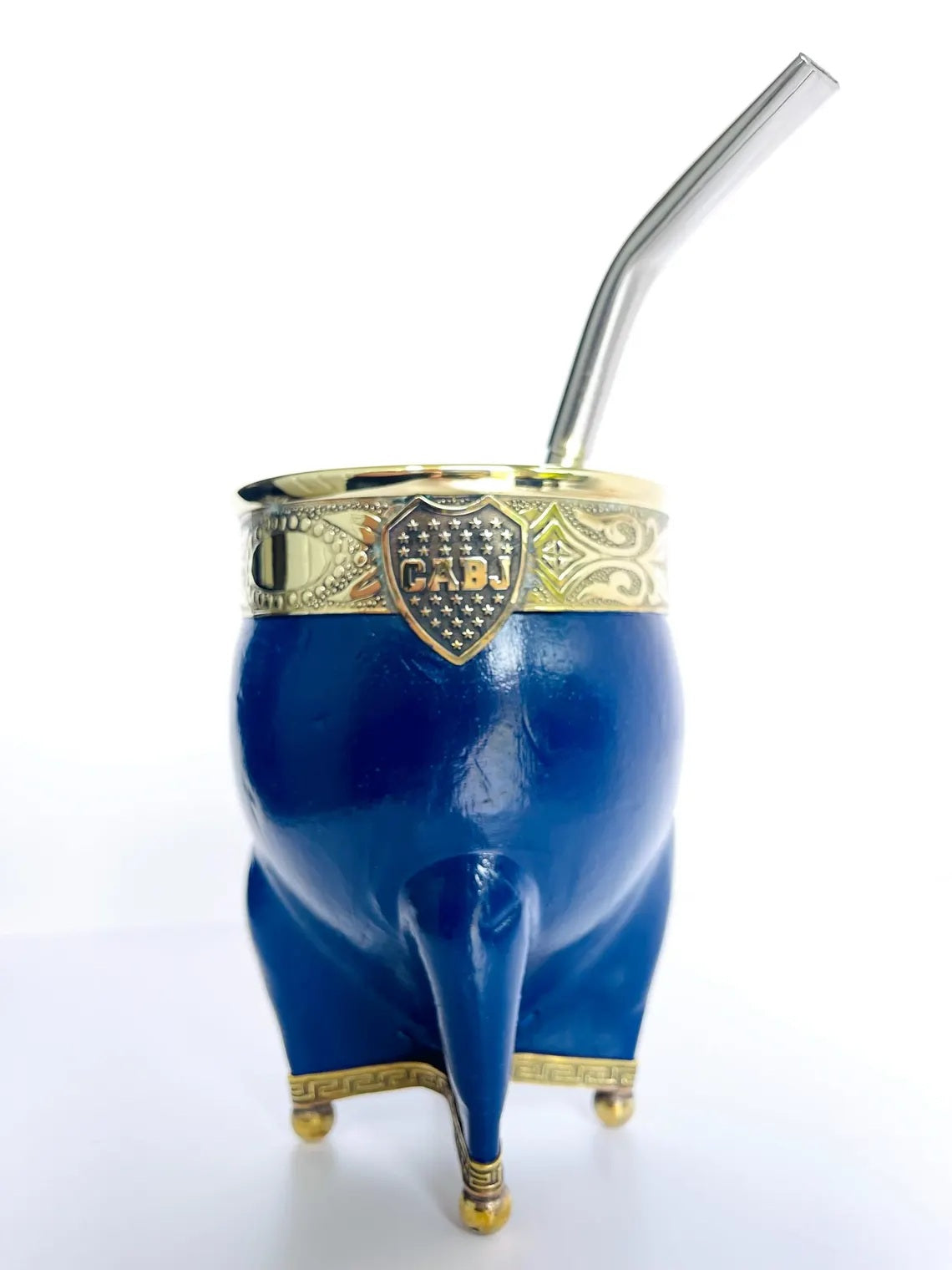 Handmade Argentine Mate Gourd: Boca Juniors Blue Leather & Bronze-Set