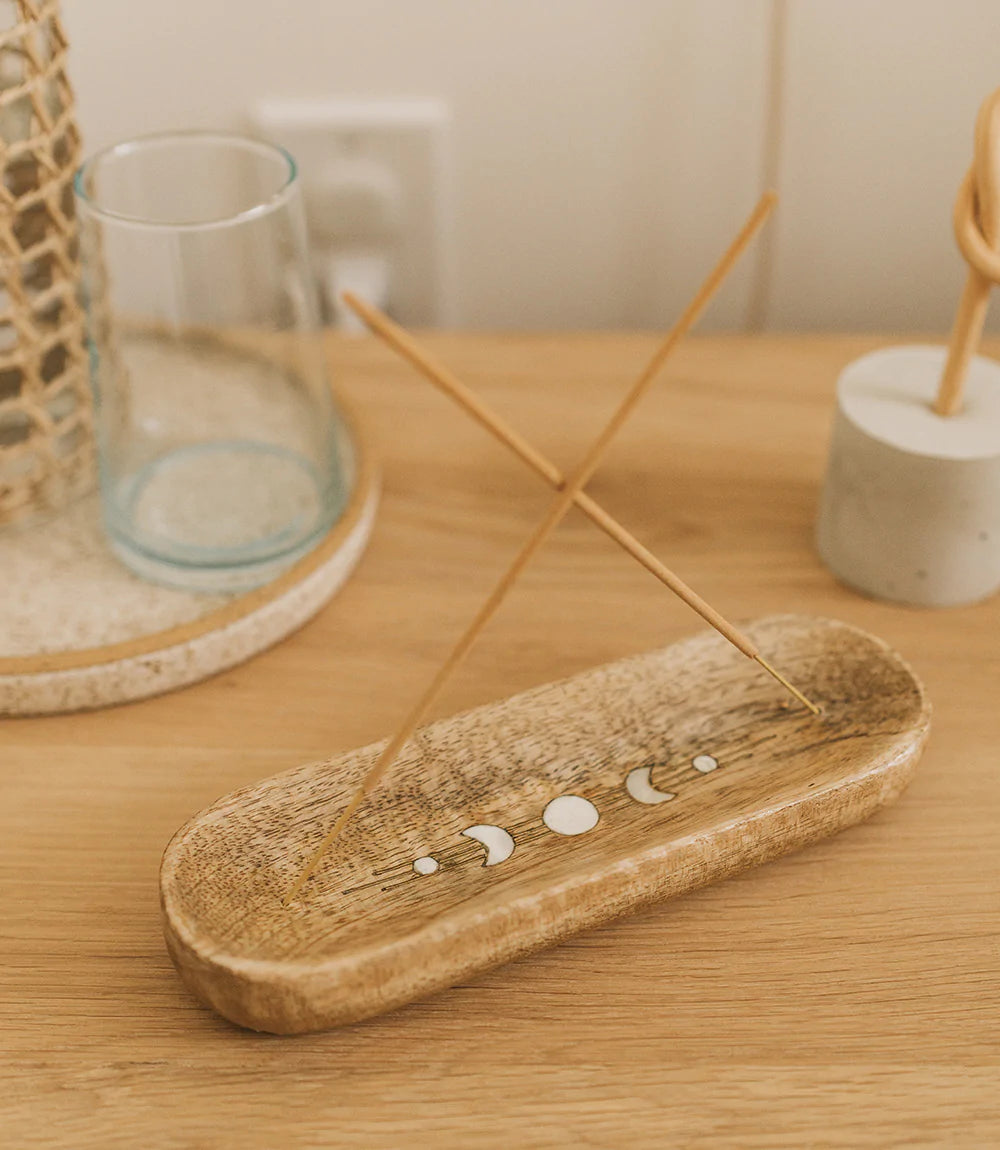 Wooden Double Incense Holder - Moon Phase, India