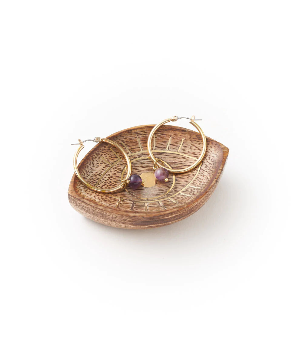 Handcrafted Mango Wood Jewelry Tray Trinket Dish - Evil eye, India