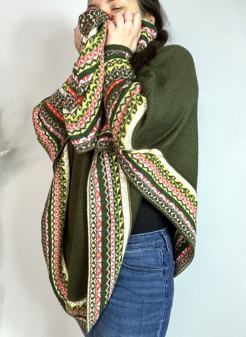 Alpaca Blend Knitted Turtleneck Poncho Cape, Bolivia/Peru