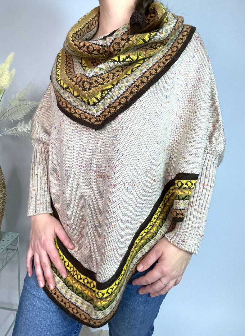 Alpaca Blend Knitted Turtleneck Poncho Cape, Bolivia/Peru