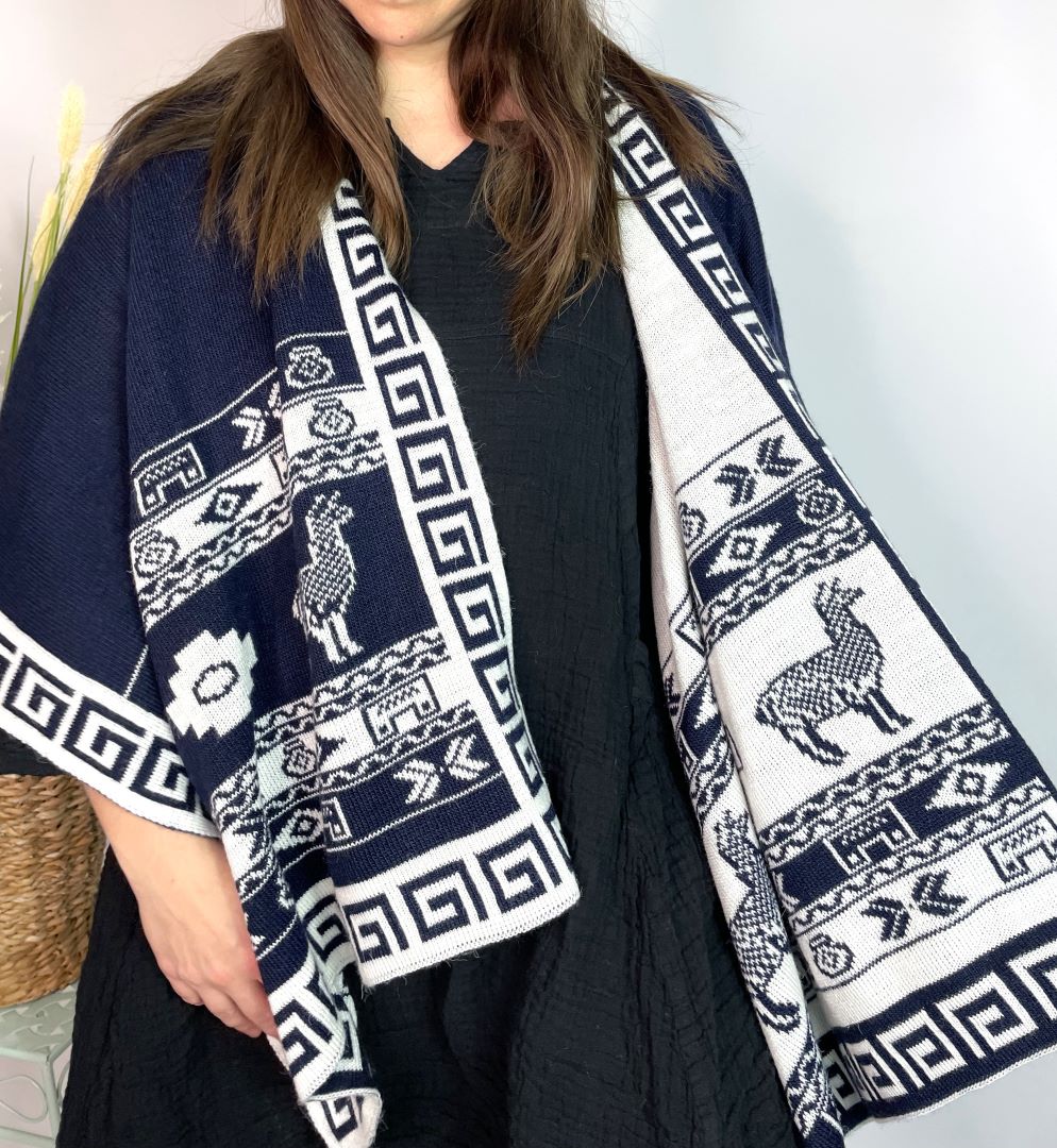 Alpaca Reversible Shawl - Women's Ruana Wrap - Navy and White, Peru