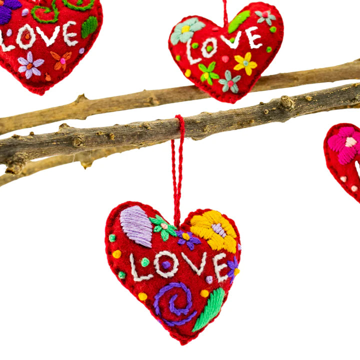Love Heart Embroidered Felted Wool Ornament - Mexico