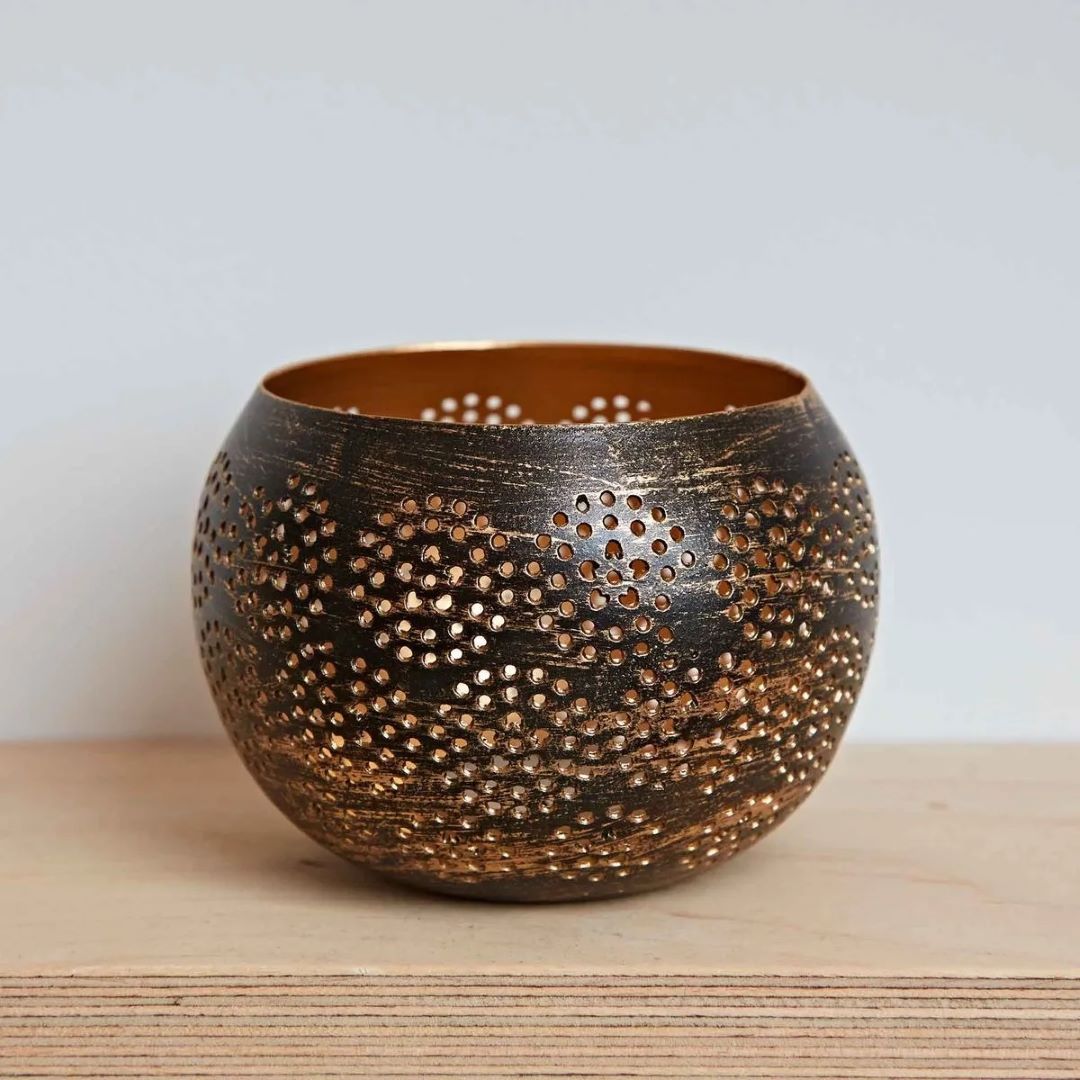 Black and Gold Metal Tea Light Holder, India