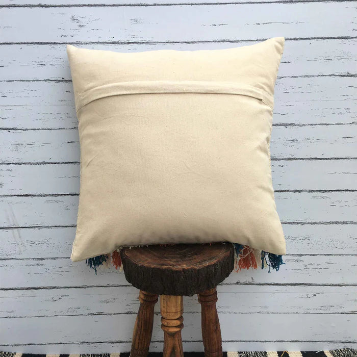 Hand Tufted Fringes Boho Stripe - Ivory, Blue, Orange - Pillow Cover, India