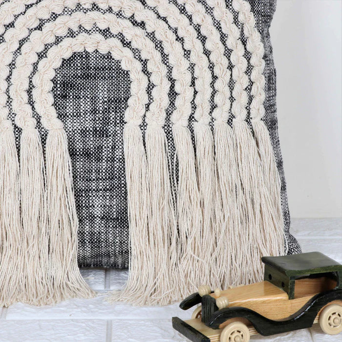 Hand Tufted Texture Boho - Black And Ivory - Pillow Cover, India