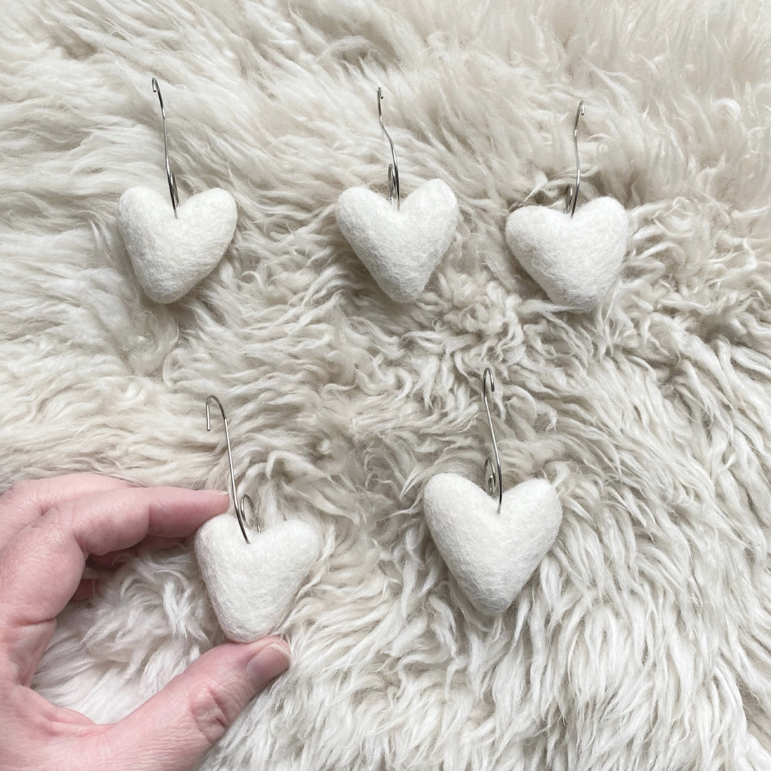 Felt Heart Ornaments (White) Set of  5, New Zealand