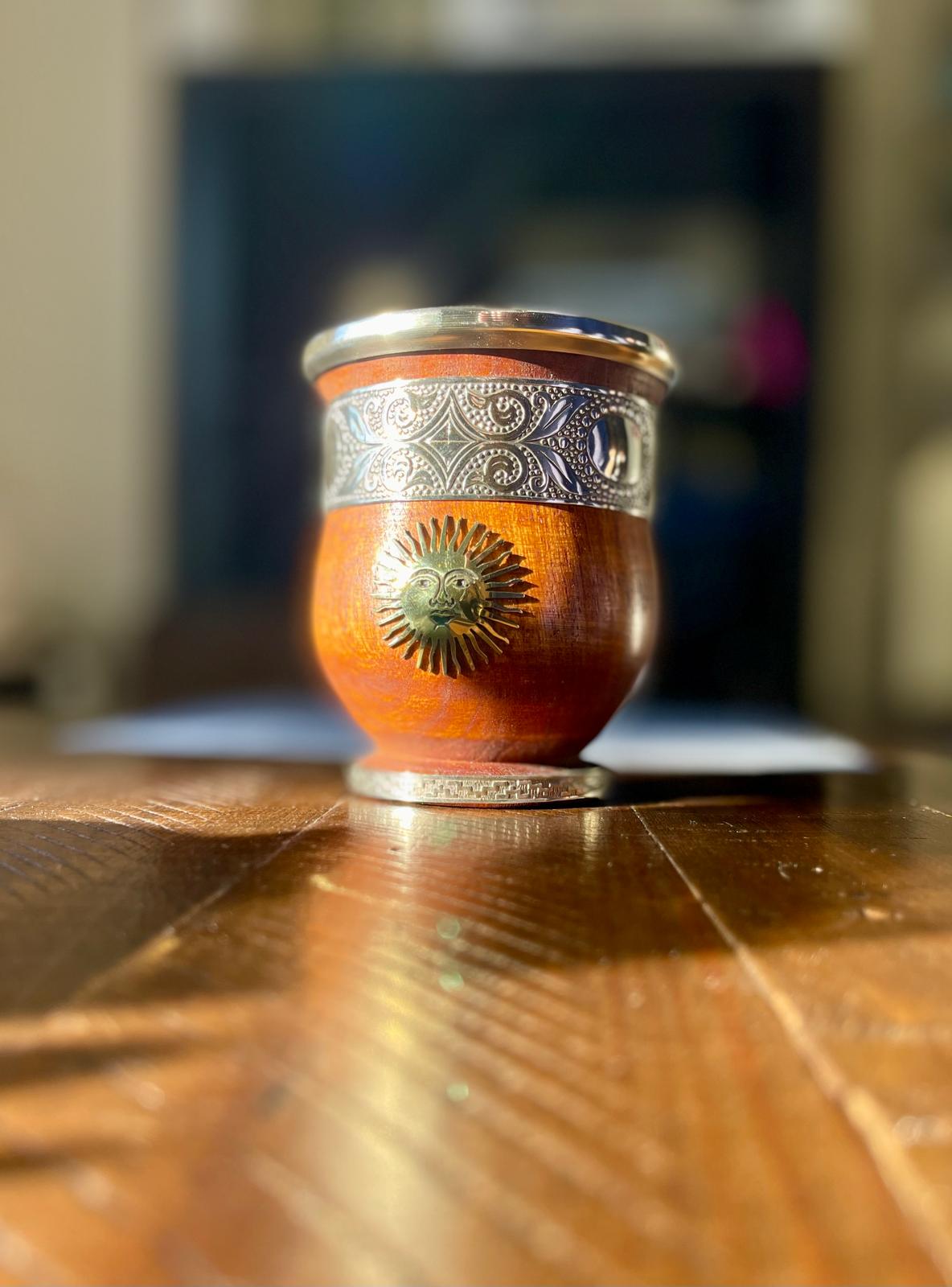 Handcrafted Carob Wood Mate Cup-Alpaca Silver Details, Sol de Mayo and National Coat of Arms (Escudo Nacional)