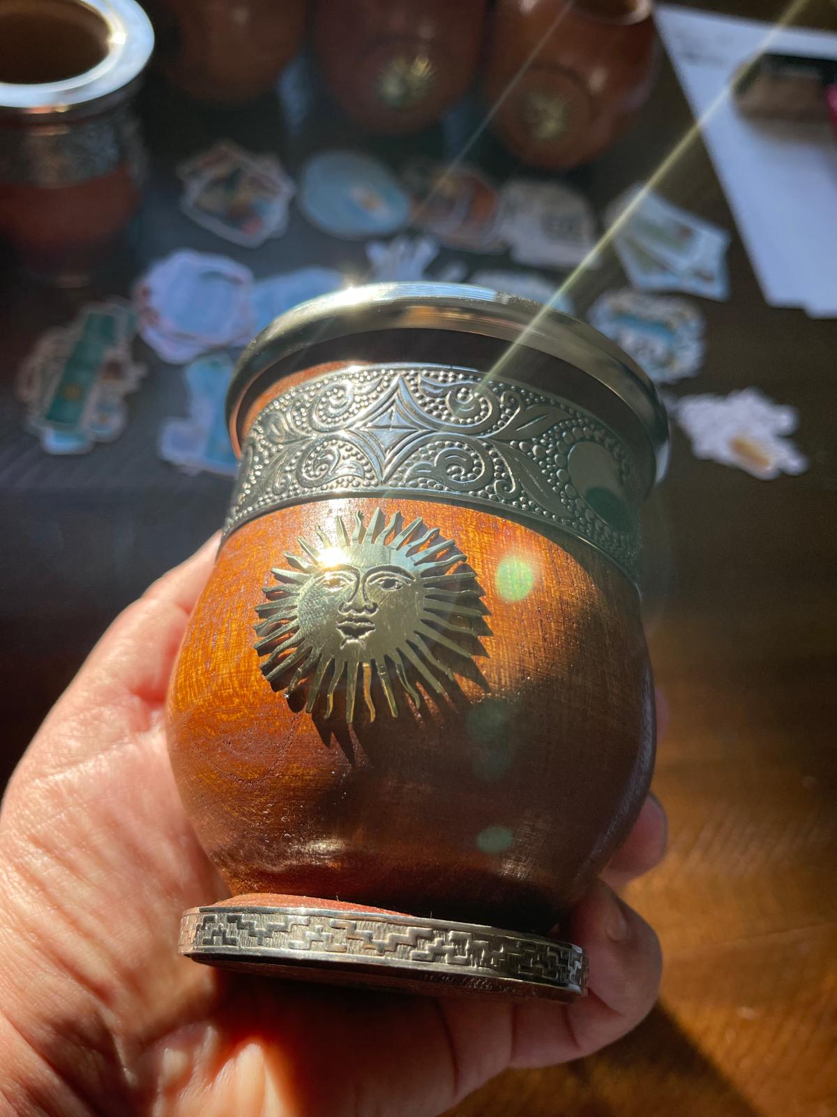 Handcrafted Carob Wood Mate Cup-Alpaca Silver Details, Sol de Mayo and National Coat of Arms (Escudo Nacional)