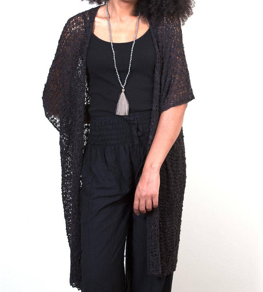 Mid Length Popcorn Knit Kimono - Black, Indonesia