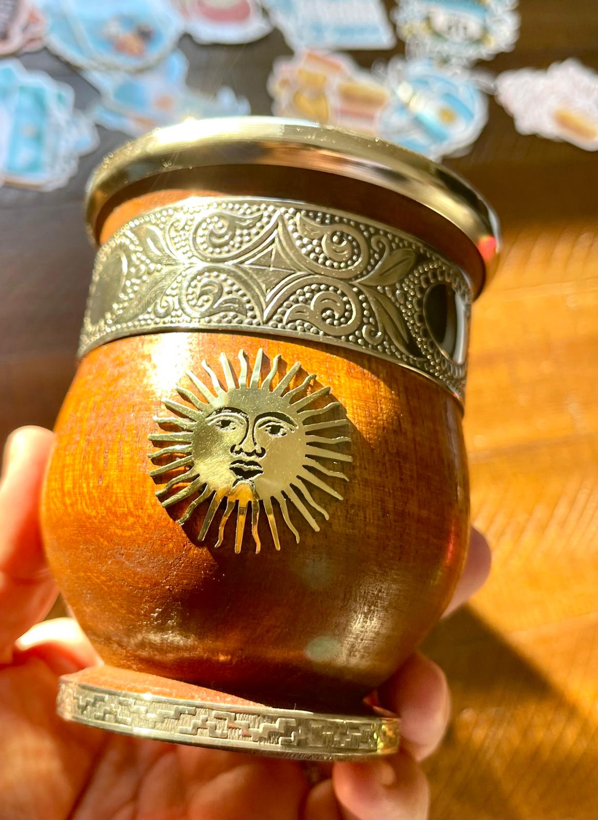 Handcrafted Carob Wood Mate Cup-Alpaca Silver Details, Sol de Mayo and National Coat of Arms (Escudo Nacional)