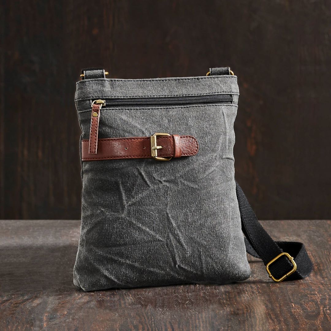 Unisex Crossbody Bag with Upcycled Canvas & Leather, India