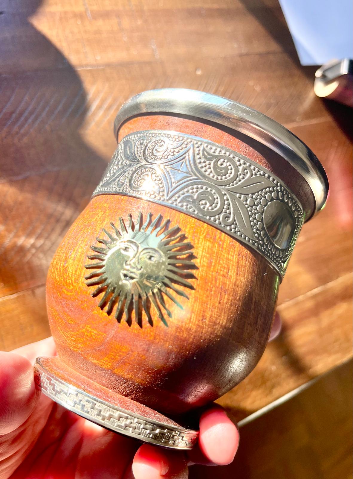 Handcrafted Carob Wood Mate Cup-Alpaca Silver Details, Sol de Mayo and National Coat of Arms (Escudo Nacional)