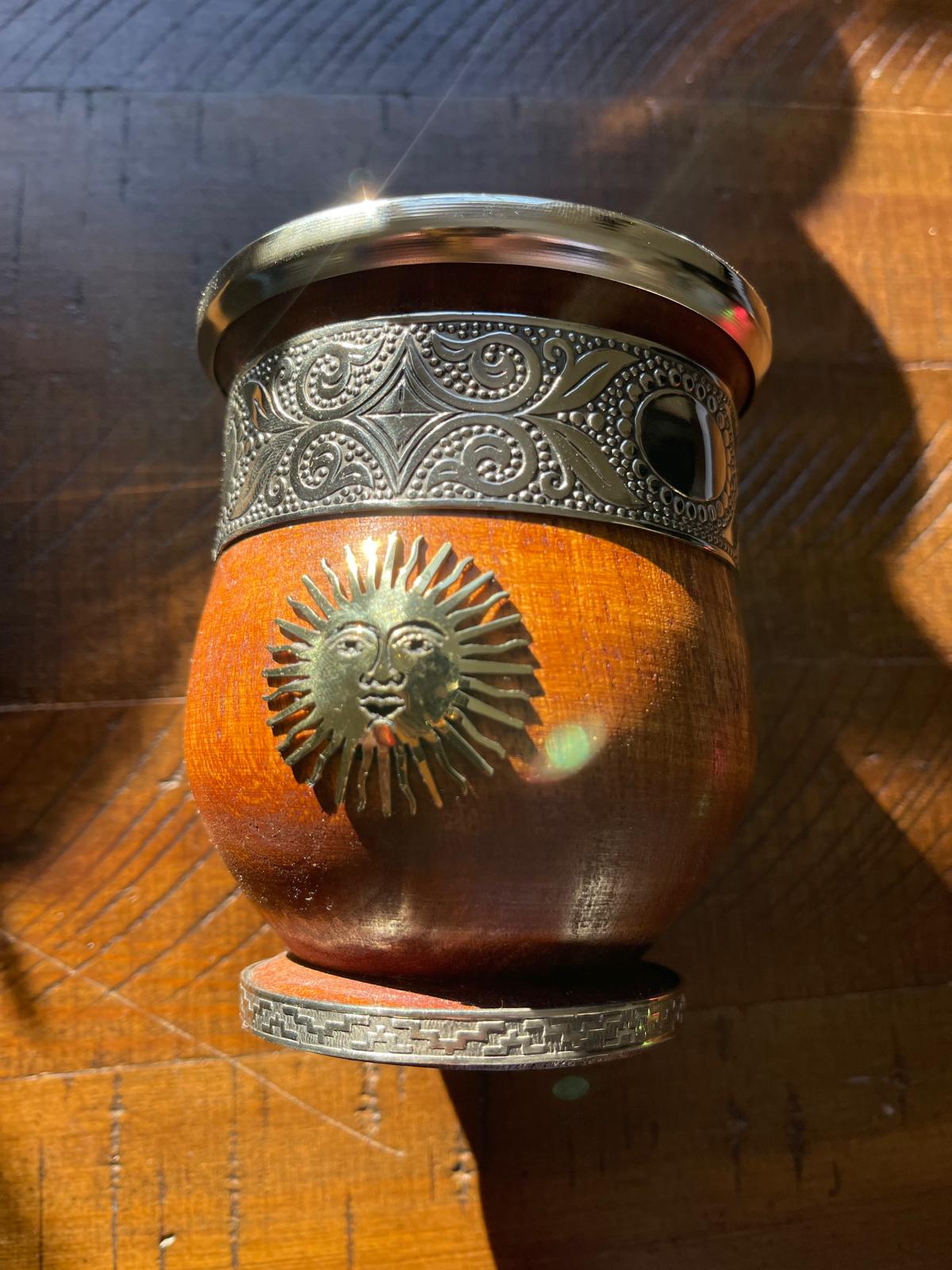 Handcrafted Carob Wood Mate Cup-Alpaca Silver Details, Sol de Mayo and National Coat of Arms (Escudo Nacional)