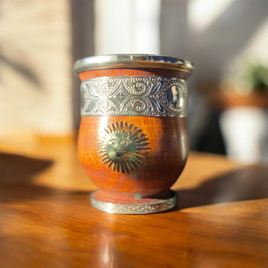 Handcrafted Carob Wood Mate Cup-Alpaca Silver Details, Sol de Mayo and National Coat of Arms (Escudo Nacional)