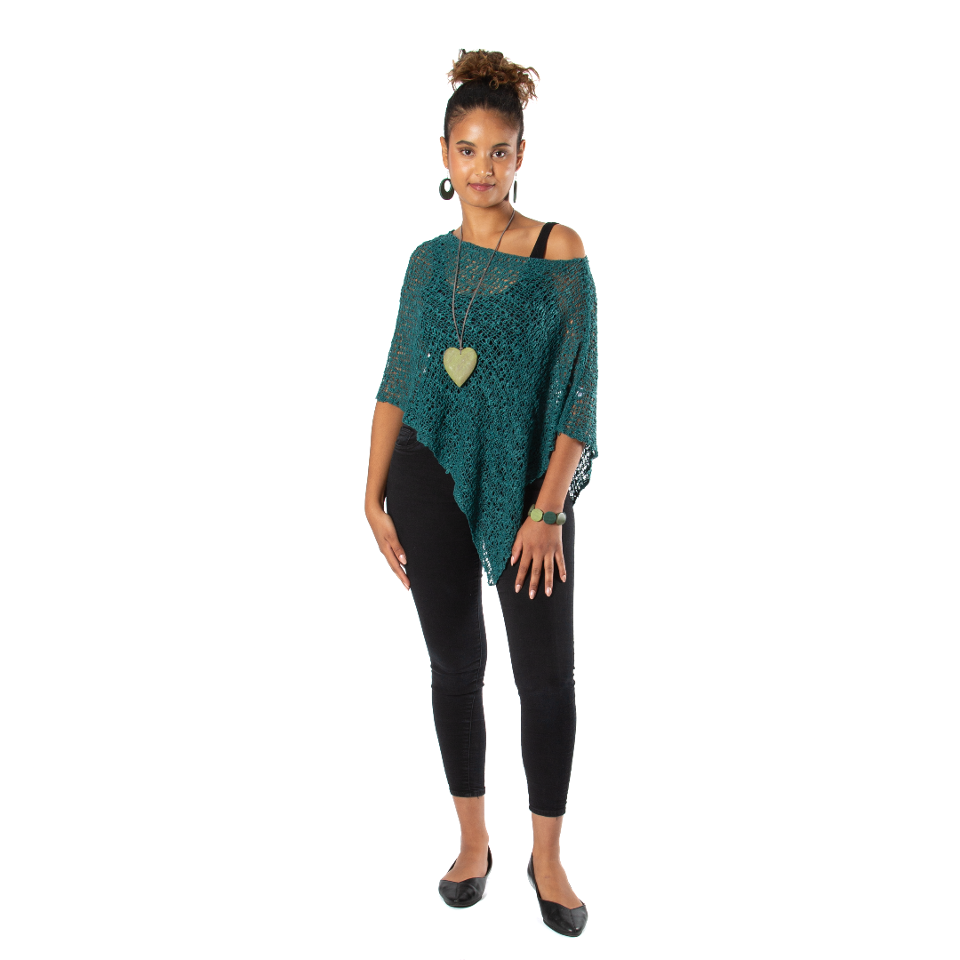 Short Popcorn Knit Poncho - Jade Green, Bali
