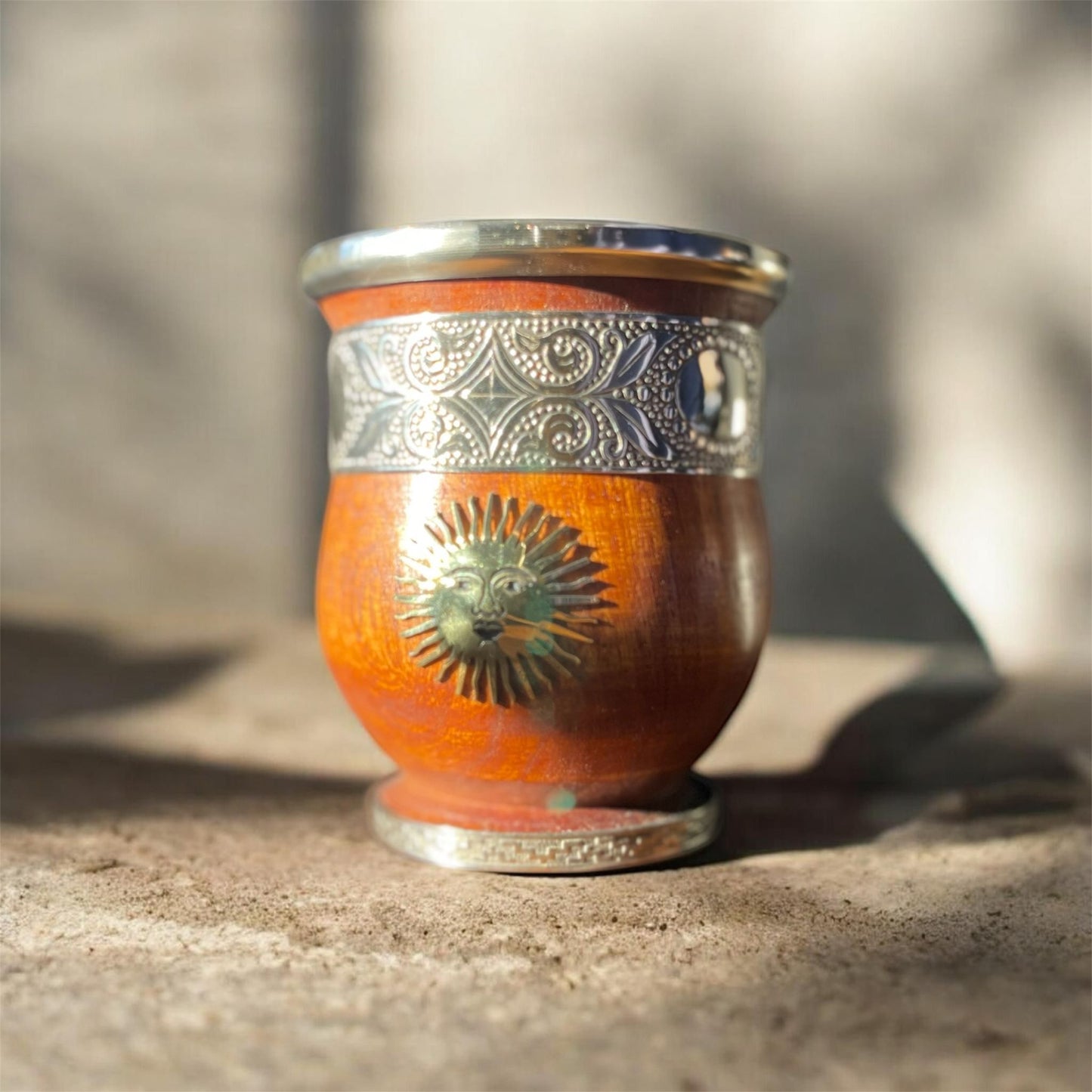Handcrafted Carob Wood Mate Cup-Alpaca Silver Details, Sol de Mayo and National Coat of Arms (Escudo Nacional)