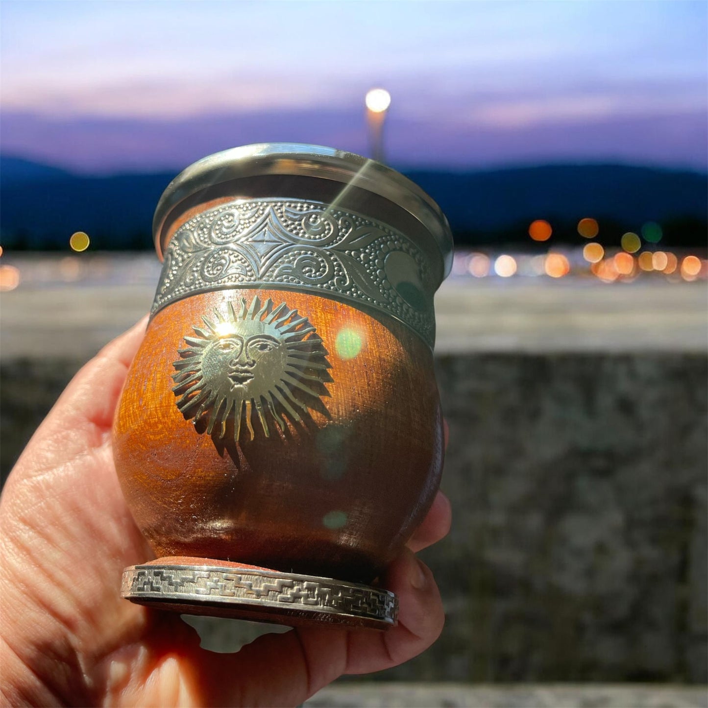 Handcrafted Carob Wood Mate Cup-Alpaca Silver Details, Sol de Mayo and National Coat of Arms (Escudo Nacional)