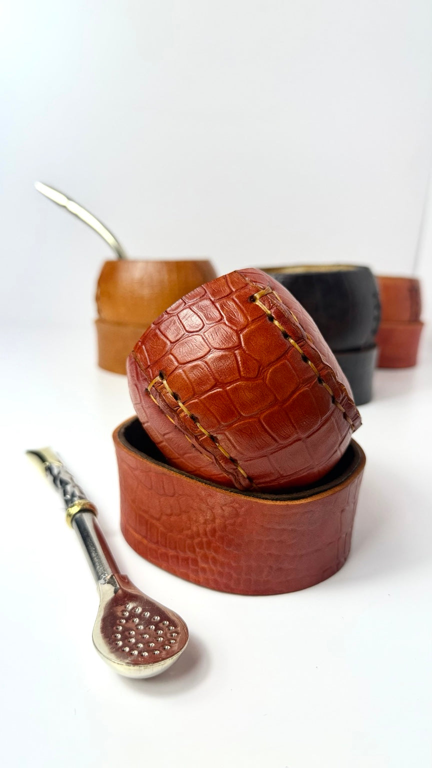Mate Galleta – Handmade Leather Wrapped Calabash with Matching Base, ARGENTINA