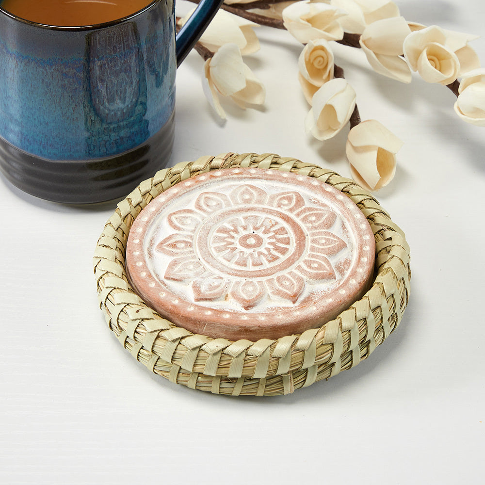 Mandala Warming Coaster with Kaisa Grass Basket, Bangladesh