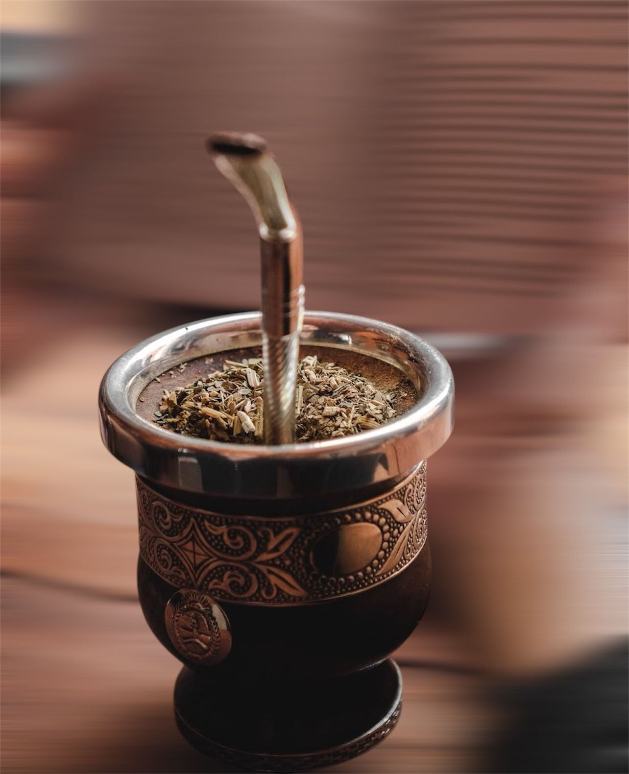 Handcrafted Carob Wood Mate Cup-Alpaca Silver Details, Sol de Mayo and National Coat of Arms (Escudo Nacional)