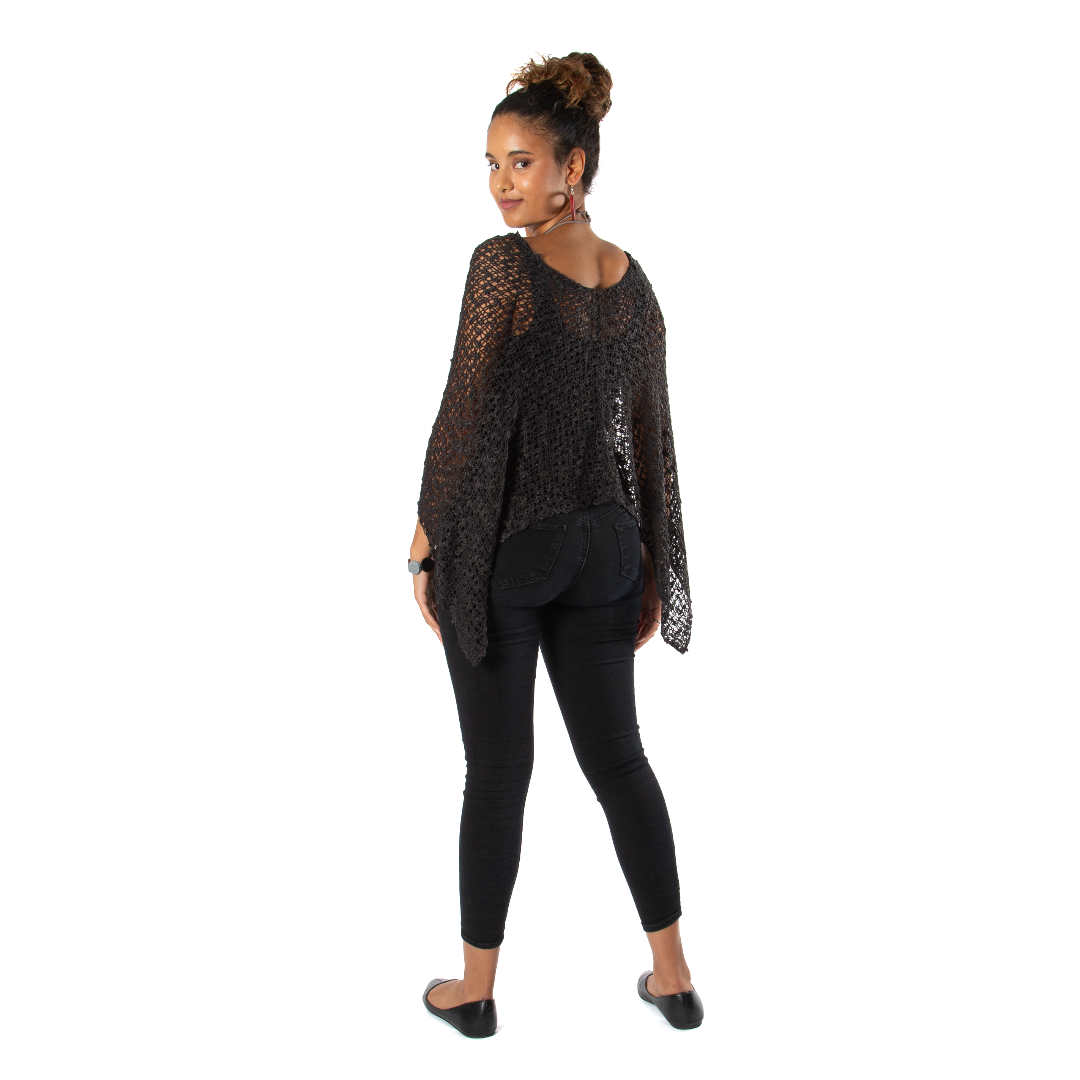 Short Popcorn Knit Poncho - Black, Bali