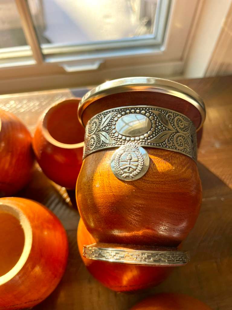 Handcrafted Carob Wood Mate Cup-Alpaca Silver Details, Sol de Mayo and National Coat of Arms (Escudo Nacional)