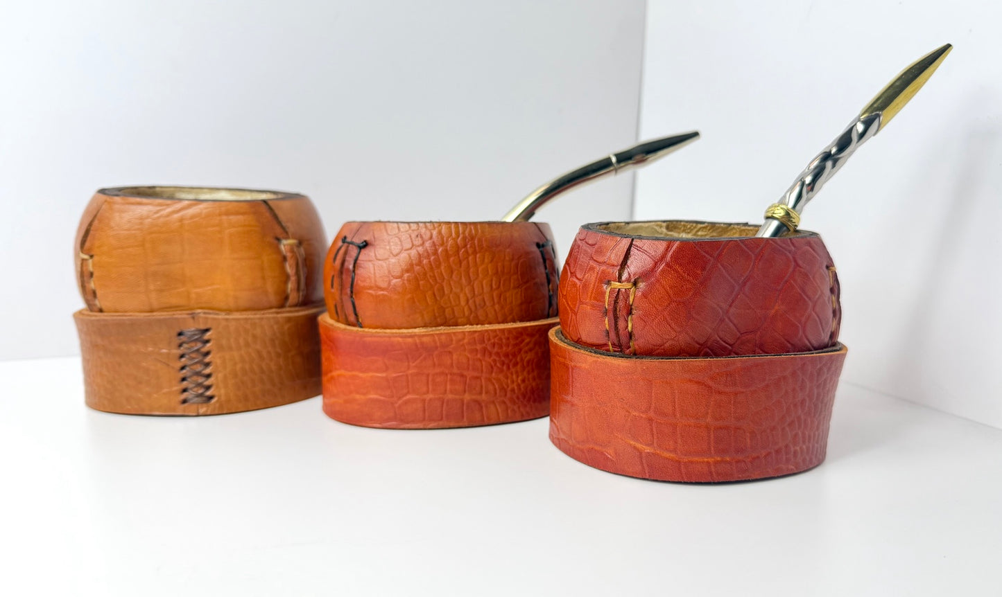 Mate Galleta – Handmade Leather Wrapped Calabash with Matching Base, ARGENTINA