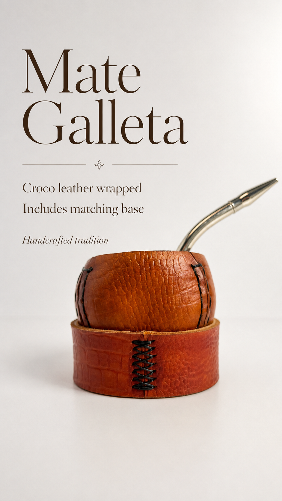 Mate Galleta – Handmade Leather Wrapped Calabash with Matching Base, ARGENTINA