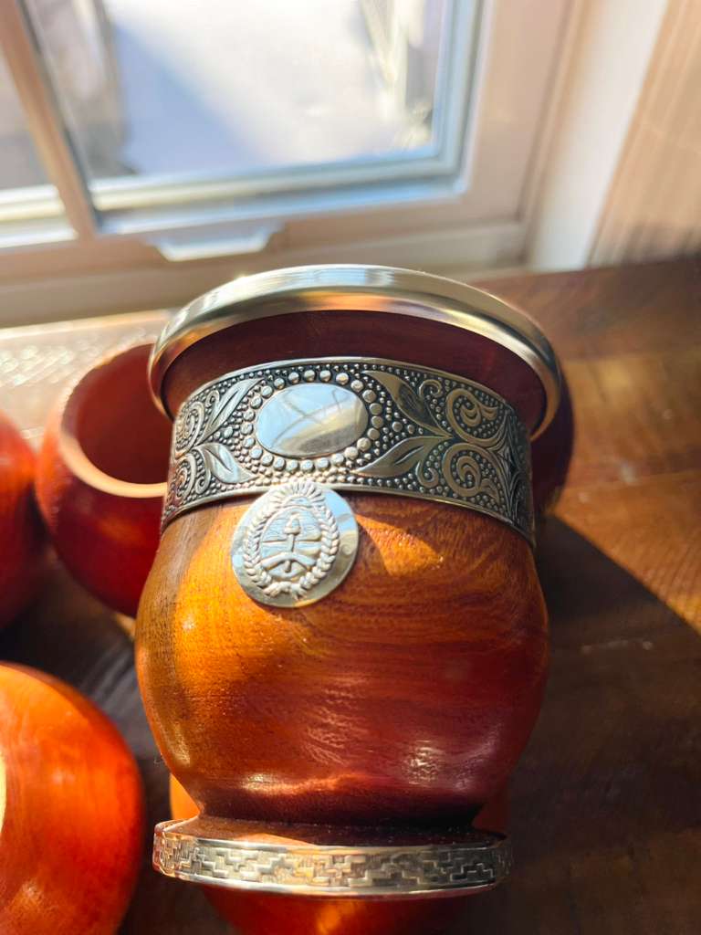 Handcrafted Carob Wood Mate Cup-Alpaca Silver Details, Sol de Mayo and National Coat of Arms (Escudo Nacional)