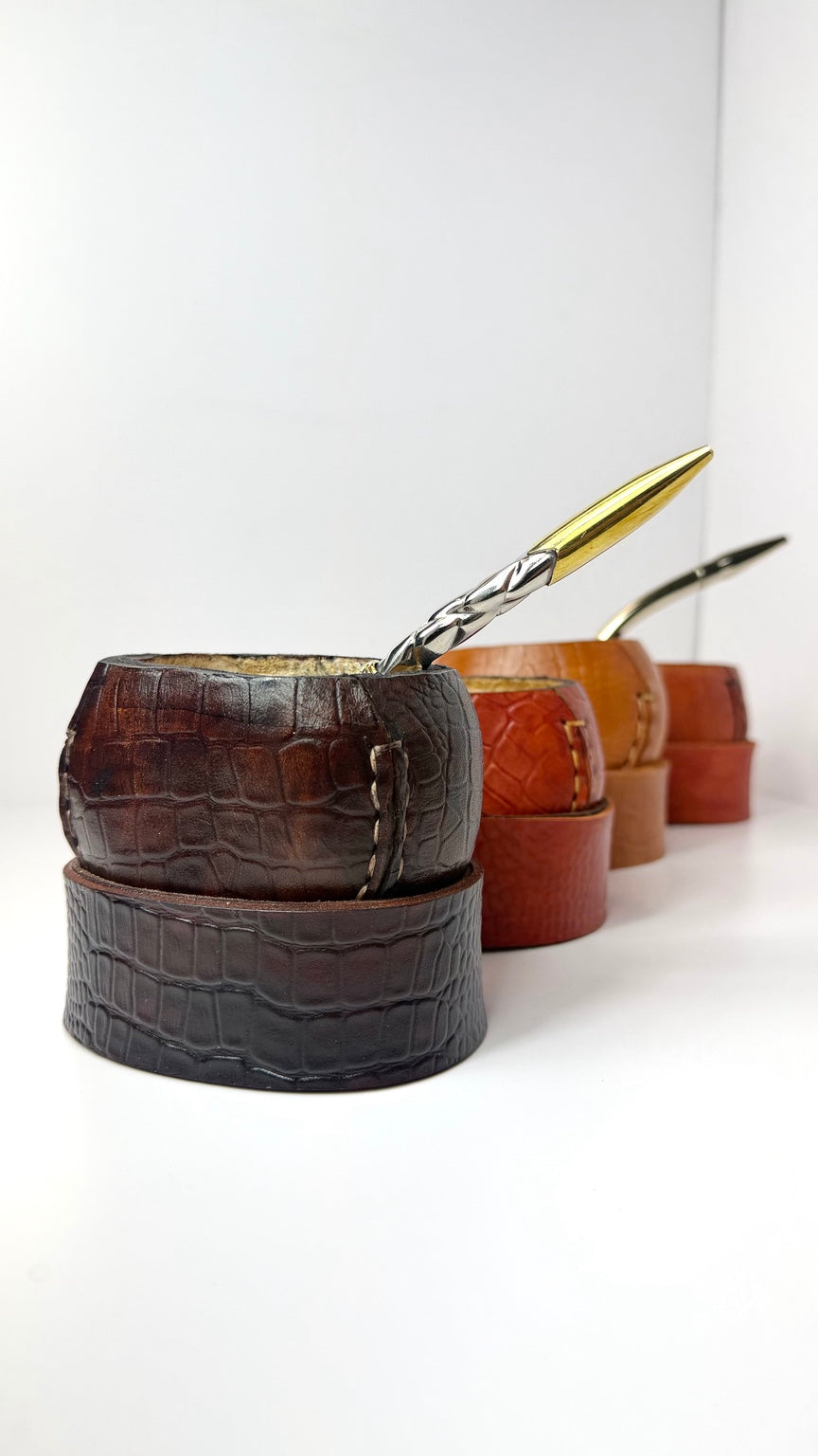 Mate Galleta – Handmade Leather Wrapped Calabash with Matching Base, ARGENTINA