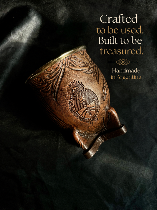 Camionero Mate Gourd - Handmade in Argentina - Genuine Leather - Hand-Chiseled Alpaca Rim -Argentine Coat of Arms - Luxury Artisan Mate