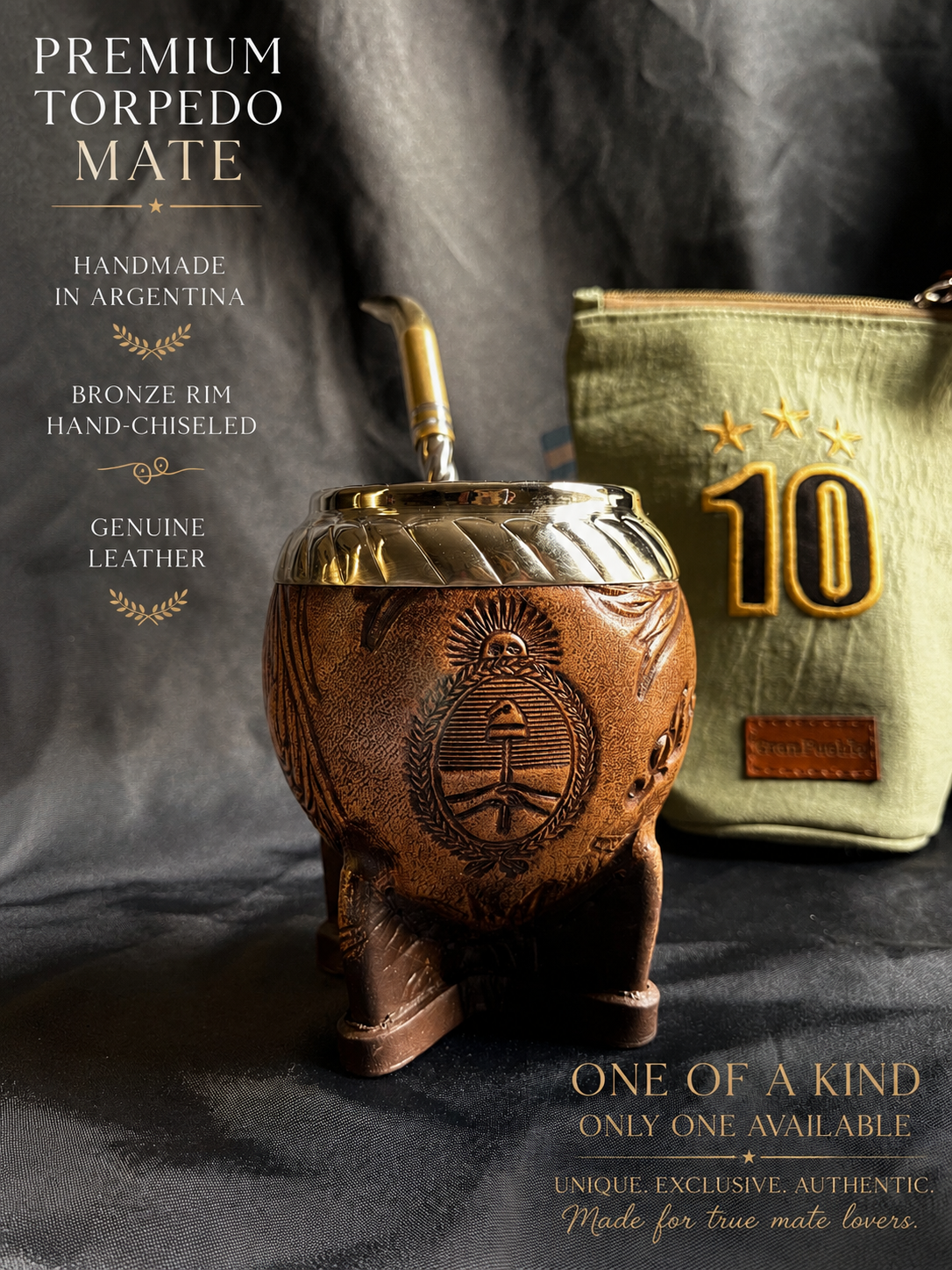 Torpedo Mate Gourd-Handmade in Argentina-Genuine Leather-Hand-Chiseled Alpaca Rim-Argentine Coat of Arms-Luxury Artisan Mate