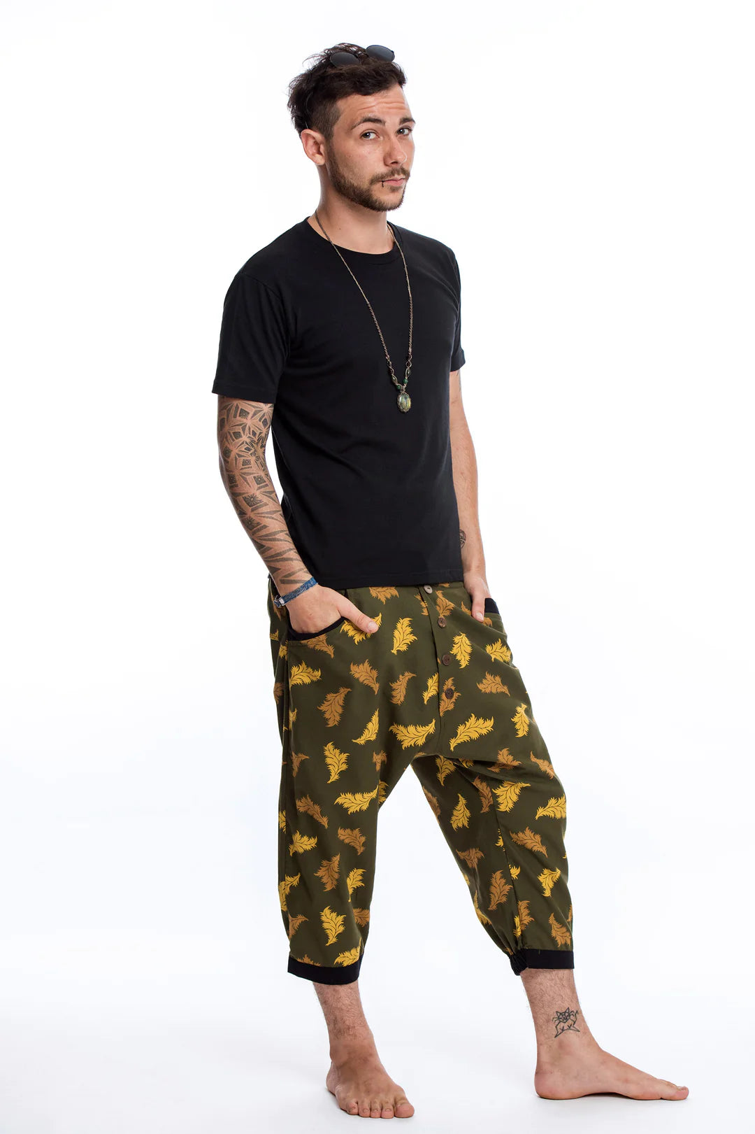 Leaves Harem Pant with Faux Buttons in Green, Thailand