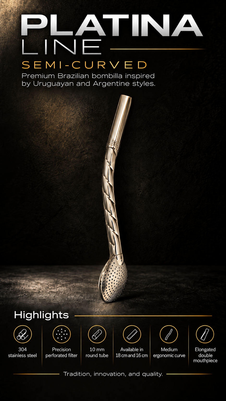 Purinox Semicurvo Cincelado Bombillón - Premium Brazilian Mate Straw- Surgical Stainless Steel Bombilla, Brazil