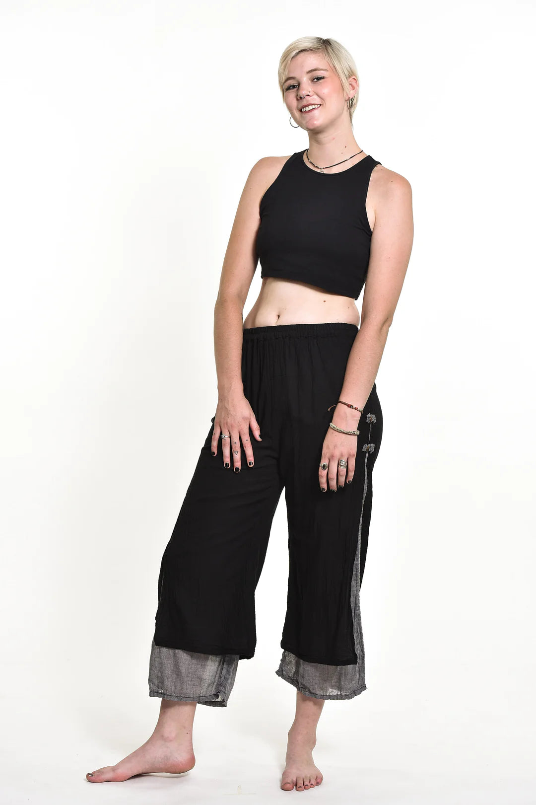 Women's Cotton Double Layers Cropped Pants in Solid Black, Thailand