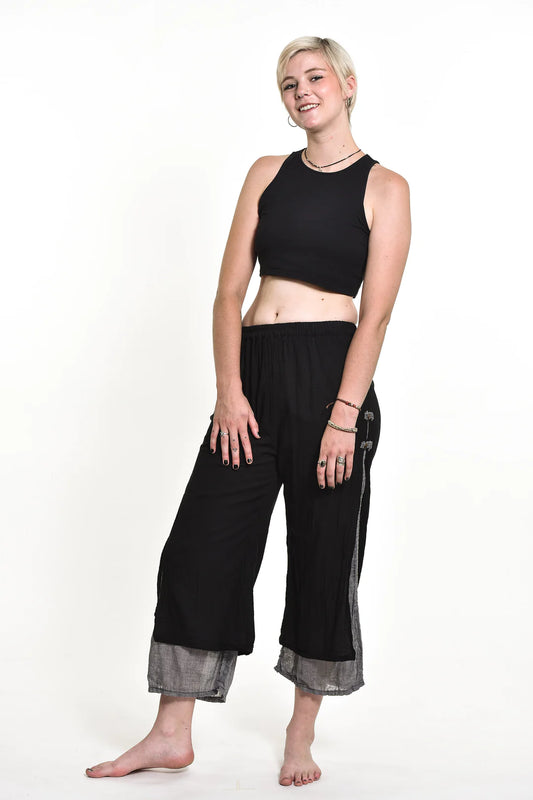 Women's Cotton Double Layers Cropped Pants in Solid Black, Thailand