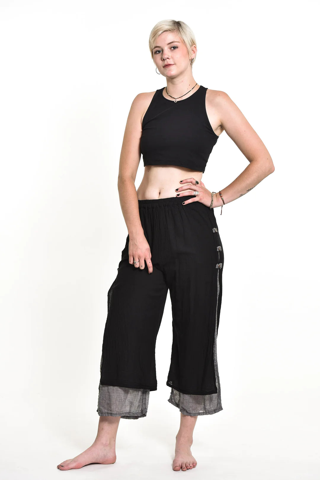 Women's Cotton Double Layers Cropped Pants in Solid Black, Thailand