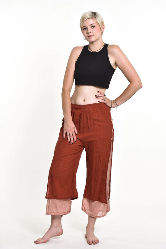 Women's Cotton Double Layers Cropped Pants in Solid Brick, Thailand